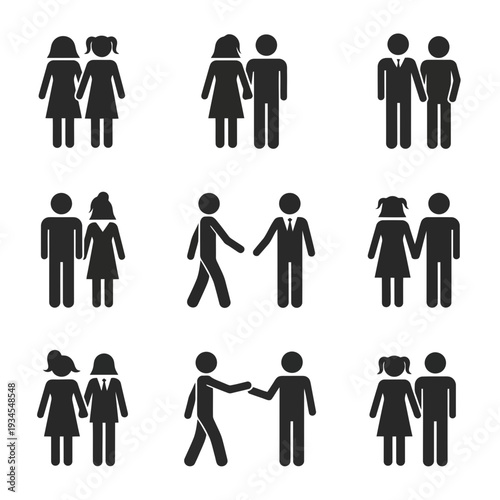 Diverse Duo: A collection of simple black silhouette icons represents the unity and connection between different couple variations, with each image showcasing a different form of partnership.
