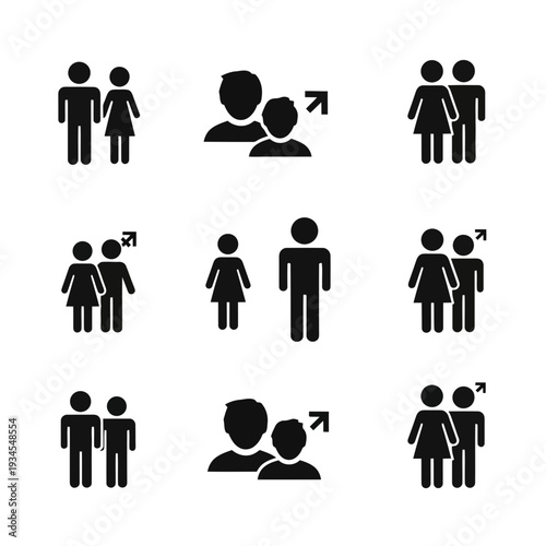 Iconic Relationships: A collection of stylized silhouettes representing various interpersonal connections, symbolizing unity and togetherness.