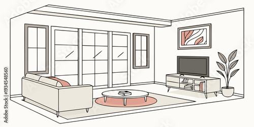 Modern living room with large windows and a cozy seating area.