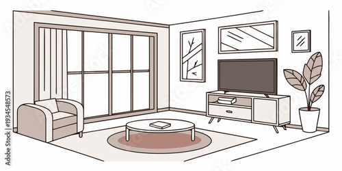 A modern living room with a large window and a cozy seating area