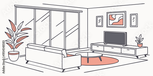 A modern living room with a large window and a cozy seating area