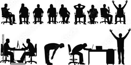 Office worker silhouette collection in various sitting, standing and stressed postures, business meeting, computer work and workplace activity illustration set