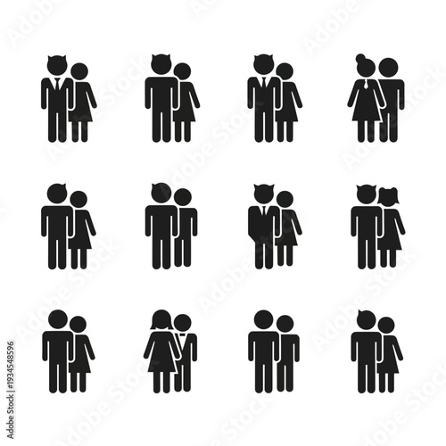 Love's Symbolic Embrace: Abstract monochrome icons of couples, tenderly paired and unified, symbolize the bond of companionship and affection.