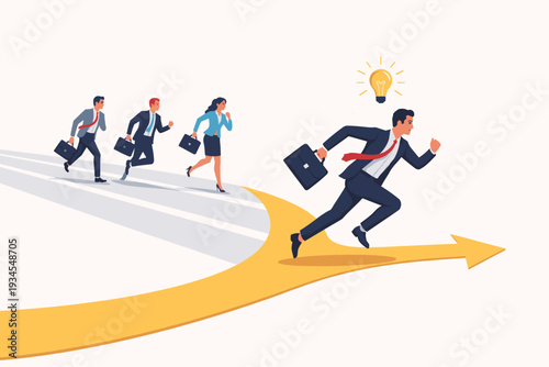 Businessman taking initiative and choosing a different path to success with a creative idea lightbulb while competitors follow the crowd on a standard road in a flat vector illustration style.