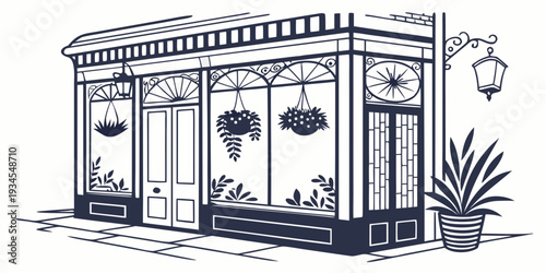 A charming boutique storefront with hanging plants and a potted plant outside