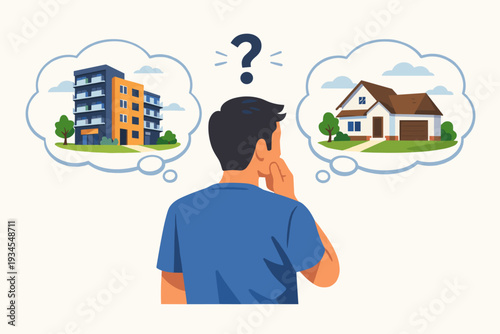 Man Thinking About Choosing Between Renting an Apartment Building or Buying a House, Real Estate Investment Decision Concept, Property Market Choice, Mortgage vs Rent, Flat Vector Illustration
