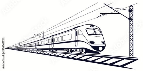 High-speed train traveling on elevated tracks with electric poles.