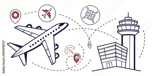 Illustration of an airplane journey with various landmarks and a control tower
