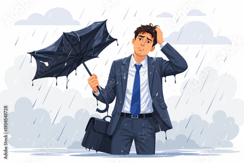 Frustrated businessman in a suit standing in heavy rain with a broken umbrella and briefcase, feeling disappointed and overwhelmed. Concept of useless effort, failure, and bad luck in business.