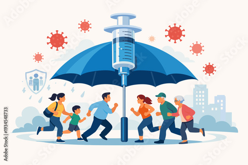 Vaccination Campaign Illustration Showing People Running for Protection Under a Syringe Umbrella to Build Herd Immunity Against Coronavirus Infection and COVID-19 Pandemic for Public Health Safety