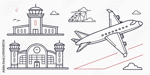 Illustration of airport buildings and a passenger airplane in flight