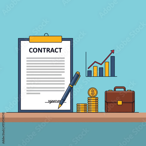 Business Contract Agreement with Growing Financial Graph, Coins, and Briefcase