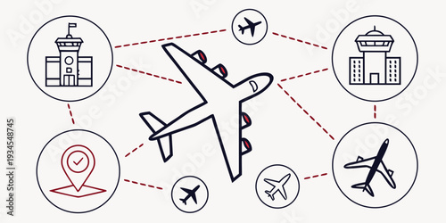 Illustration of an airplane connected to various travel-related icons