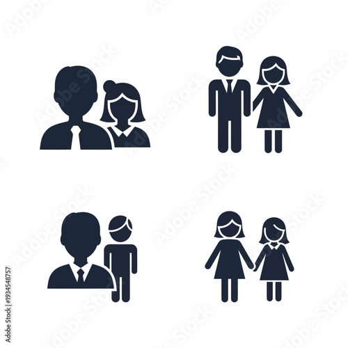 Human Figure Silhouette Collection: Diverse silhouette illustrations of people representing relationships and groups. These graphics capture the essence of partnership and unity in various forms. 