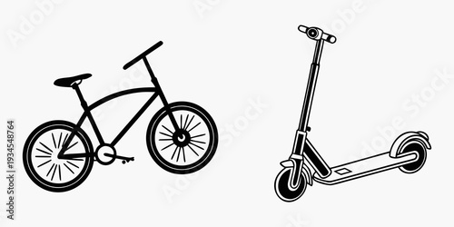 A black bicycle and a black and silver electric scooter on a white background