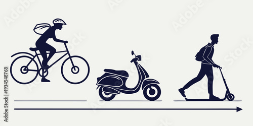 Three individuals using different forms of personal transportation