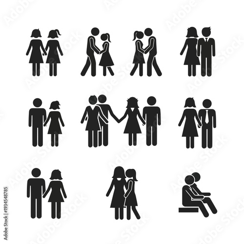 Love and Connection Icons: A collection of simple, black and white icons that illustrate diverse forms of relationships and connection, conveying universal themes of love, companionship, and support.