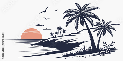 Tropical beach scene with palm trees and birds at sunset