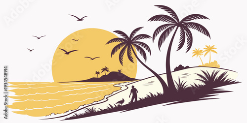 A serene tropical beach scene with palm trees and a setting sun