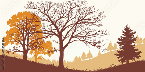 A serene landscape featuring a hillside with trees in autumn colors.