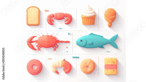 Flat Food and Seafood Illustration Set Bread, Cupcakes, Fish, Crab and Shrimp Vector Collection