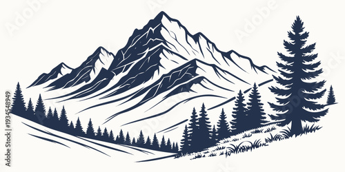 Majestic mountain range with evergreen trees and a clear sky in the background