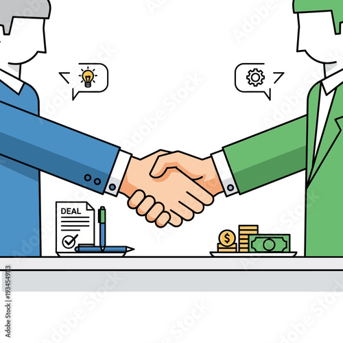 Business partners shaking hands over a deal with money and contract on table