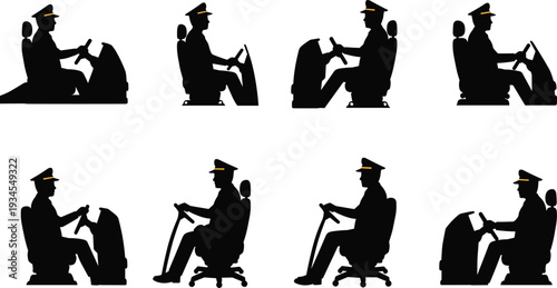 Operator silhouettes, pilot at controls, machine operation, seated worker, cockpit view, control panel, uniform, cap, vehicle driver, posture study – flat vector illustration