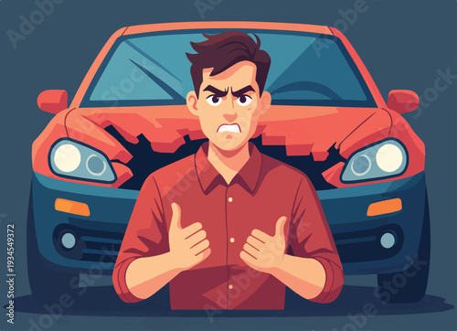 macchina automobile rotta con uomo arrabbiato per incidente  stradale  vettoriale