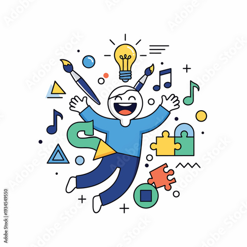 Cartoon Character Surrounded by Creative Symbols.