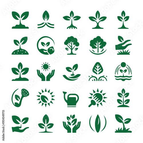 Green plant and sprout growth vector icon set representing agriculture gardening and environmental themes in a simple style