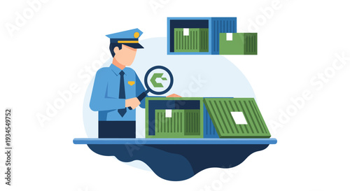 A customs officer in uniform uses a magnifying glass to inspect the contents of an open green shipping container for security checks.
