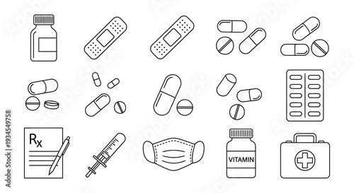 Medical supplies and healthcare icons arranged in a simple line art style