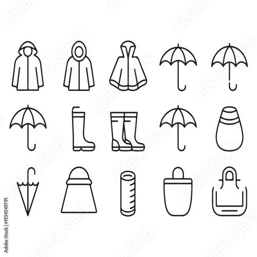 Rainy weather protection apparel and accessory icons set collection with outdoor gear outline style