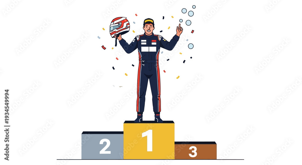 Naklejka premium Formula 1 Champion Driver Celebrates Victory on Podium with Helmet Toss and Confetti
