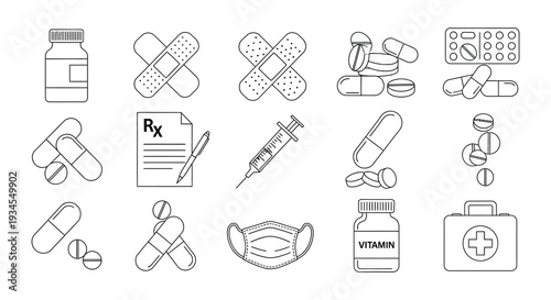 Medical supplies and healthcare icons arranged in a simple line art style