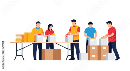 A team of five volunteers works together at a long table, packing goods into cardboard boxes for a charity or donation drive.