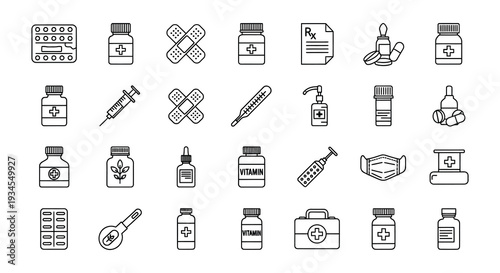 Medical supplies and healthcare icons arranged in a simple line art style