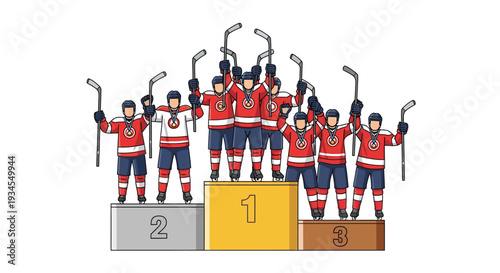 Ice Hockey Team Celebrates Victory on Championship Podium with Raised Sticks
