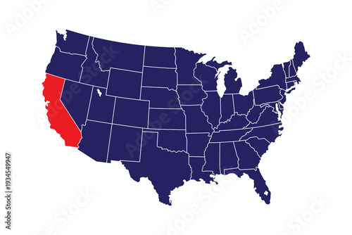 Map of the United States highlighting the state of California in red