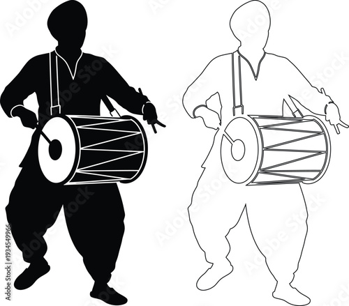 Two individuals playing traditional hand drums in contrasting attire styles.