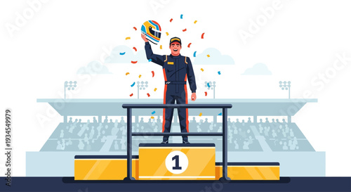 Race Car Driver Victorious on Podium with Helmet Raised Celebrating Championship Win with Confetti Shower