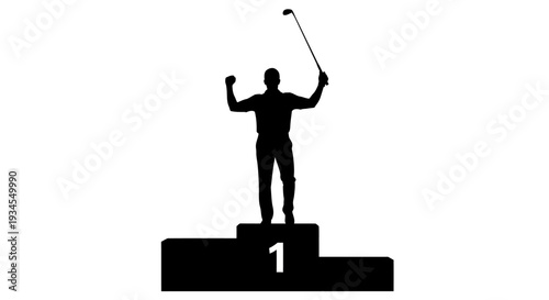 Silhouette of a Golfer Celebrating Victory on the Top Podium Spot Holding Golf Club High