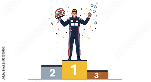 Formula 1 Champion Driver Celebrates Victory on Podium with Helmet Toss and Confetti