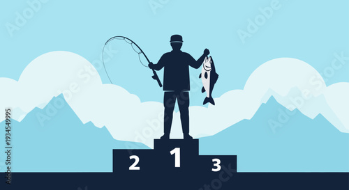 Successful Fisherman Standing on Podium Holding Catch Celebrating Victory