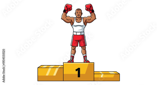 Triumphant Male Boxer Celebrates Victory on Golden First Place Podium Boxing Champion Silhouette Sports Achievement Concept