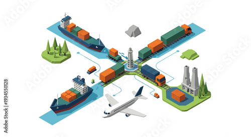 An isometric illustration of a global logistics and transportation network with ships, a train, trucks, and an airplane at a central hub.