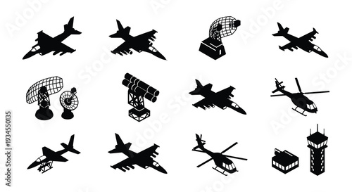 Black silhouettes of military aircraft radar systems and airport control tower