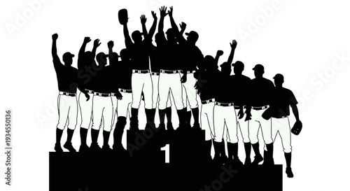 Silhouette of a victorious baseball team celebrating their championship win on a podium with the number 1