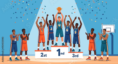 Basketball Championship Victory Winning Team Celebrates Championship Trophy on Podium with Confetti